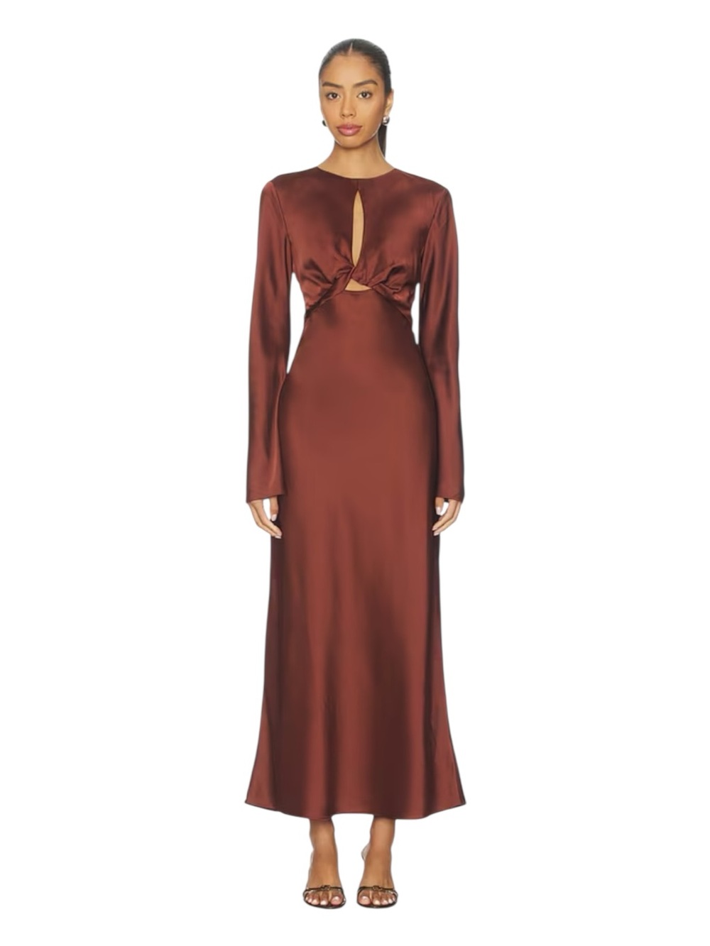 Long Sleeve Twist-Front Satin Maxi Dress in Deep Brown